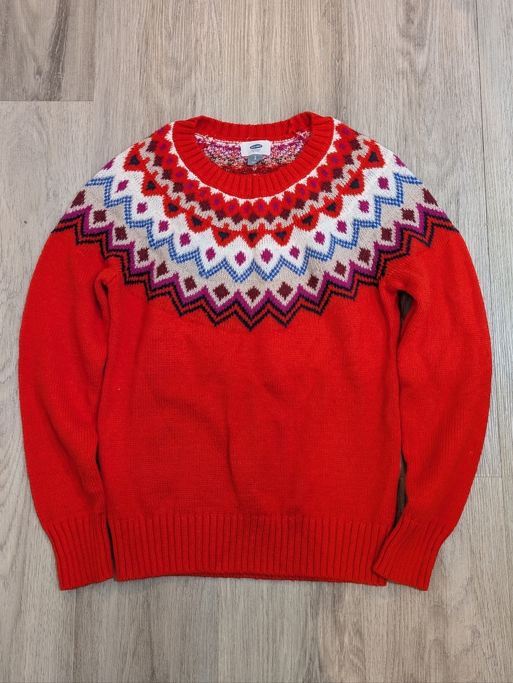 Old Navy Women’s Small Red Fair Isle Crewneck Sweater Winter Knit Holiday Cozy